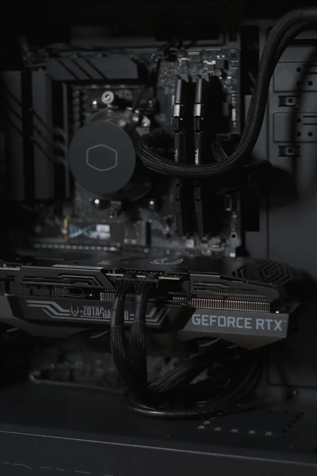 Inside a desktop PC, showing its graphics card and cooling